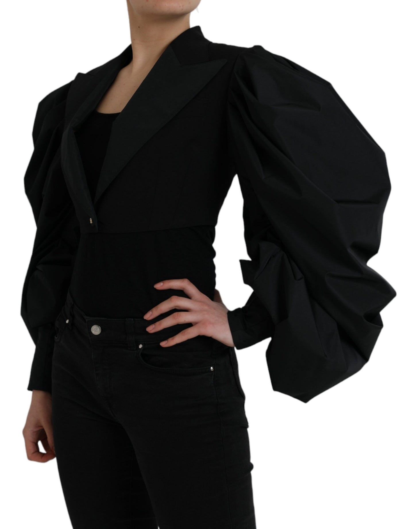 Dolce & Gabbana Black Polyester Puffed Sleeves Cropped Jacket Dolce & Gabbana