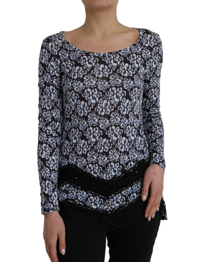 Just Cavalli Blue Floral Lace Long Sleeves Top Underwear Blouse Just Cavalli