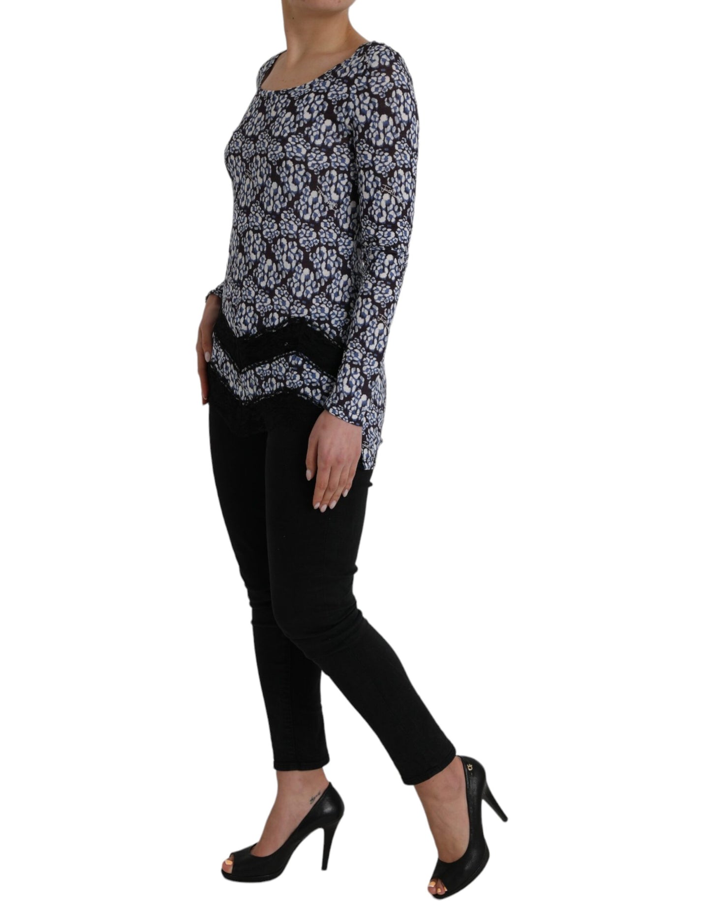 Just Cavalli Blue Floral Lace Long Sleeves Top Underwear Blouse Just Cavalli