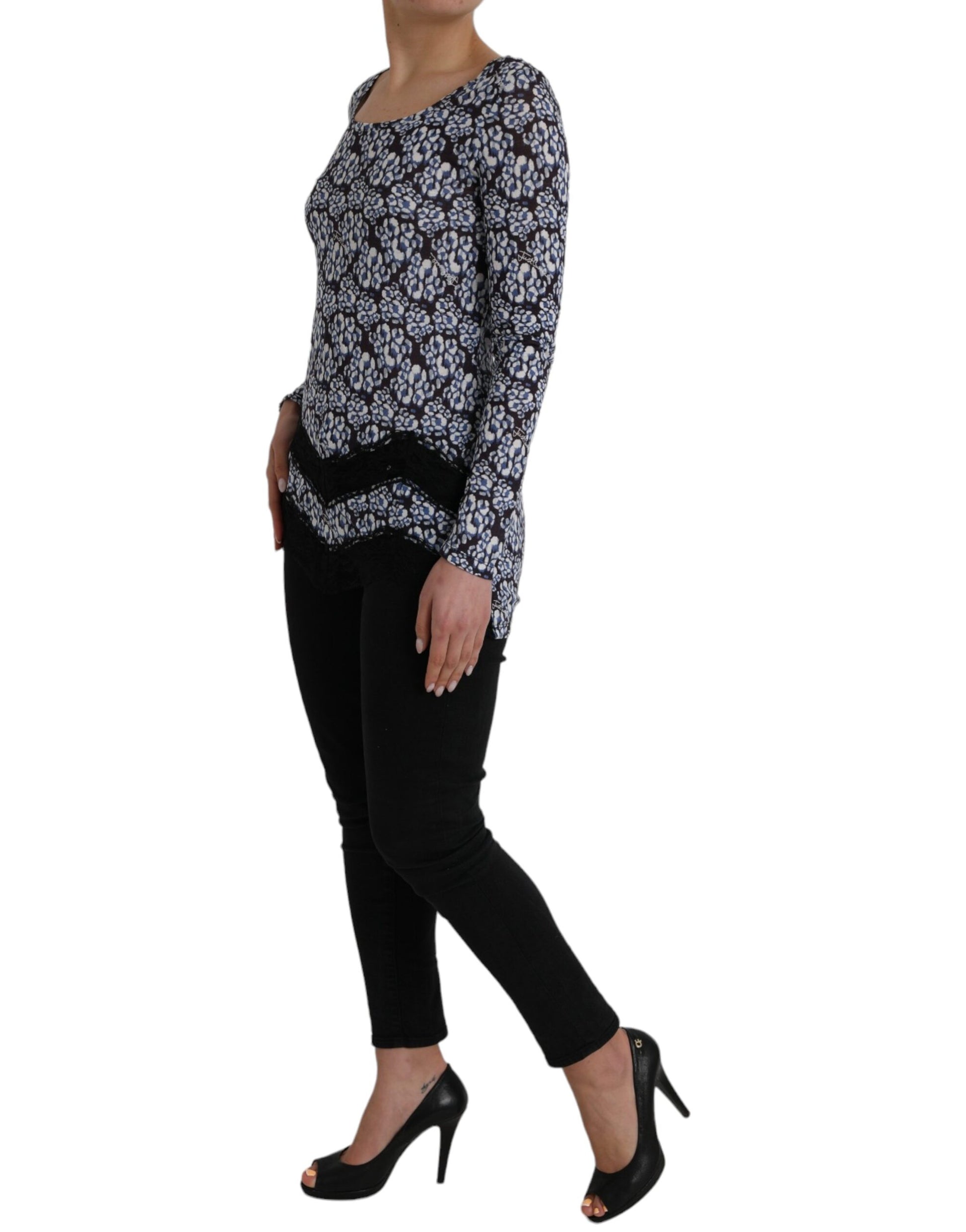 Just Cavalli Blue Floral Lace Long Sleeves Top Underwear Blouse