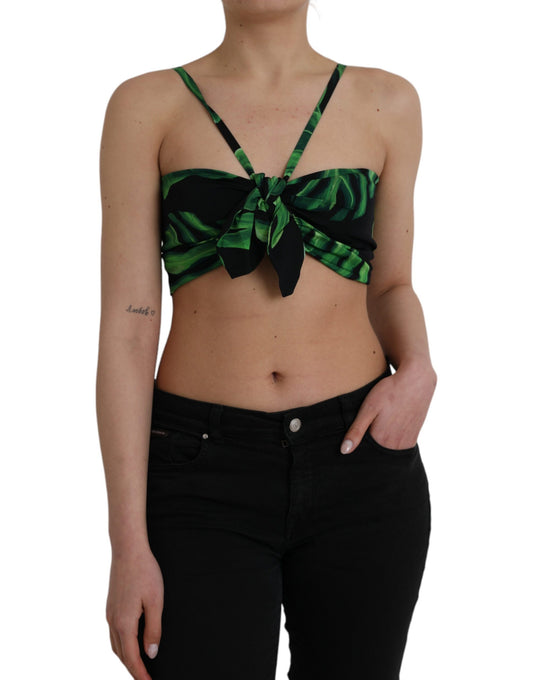 Dolce & Gabbana Black Green Leaf Silk Halter Cropped Top Dolce & Gabbana