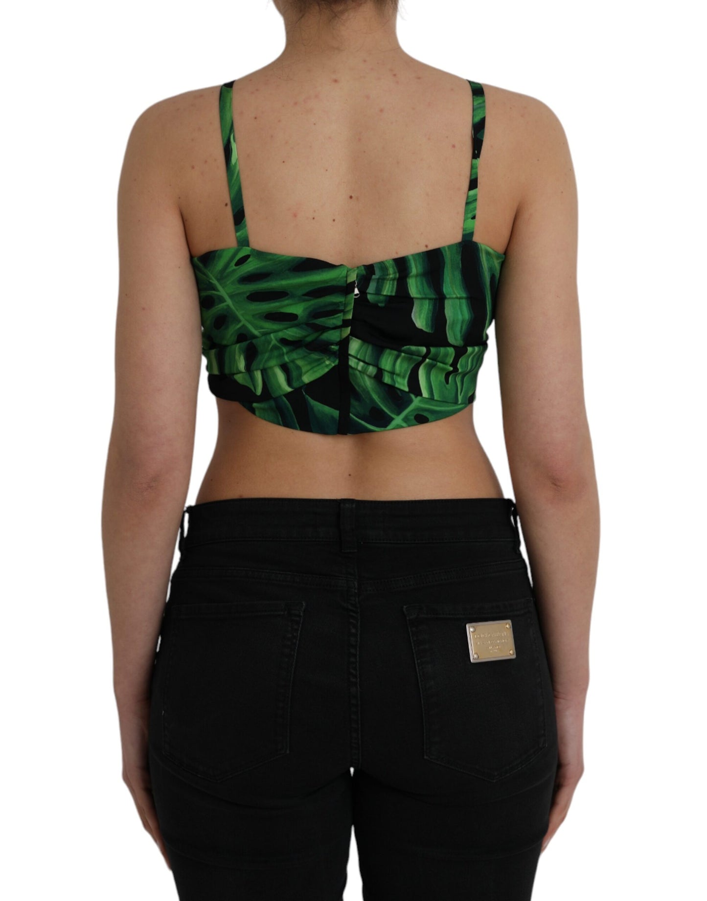 Dolce & Gabbana Black Green Leaf Silk Halter Cropped Top Dolce & Gabbana