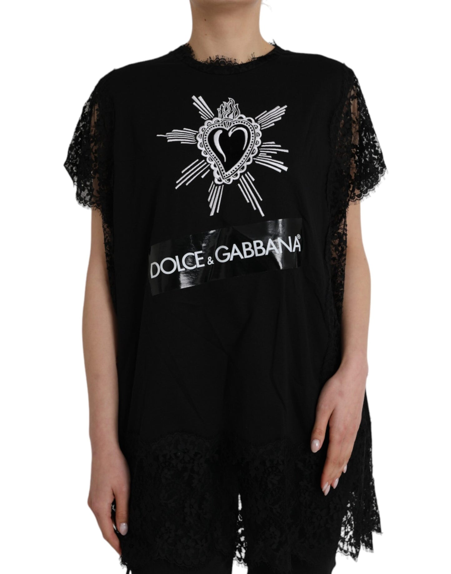 Dolce & Gabbana Black Sacred Heart Print Cotton Lace T-shirt Dolce & Gabbana