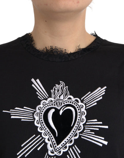 Dolce & Gabbana Black Sacred Heart Print Cotton Lace T-shirt Dolce & Gabbana