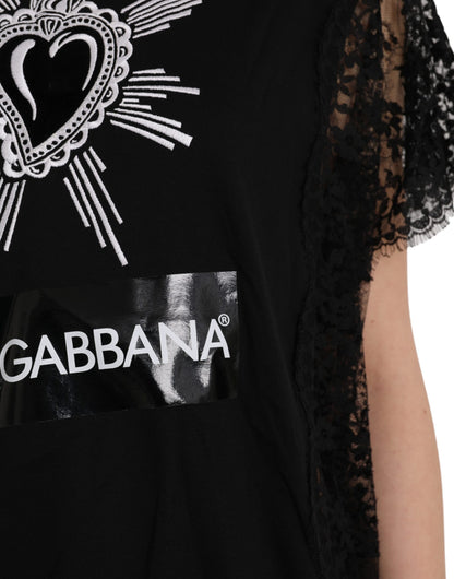 Dolce & Gabbana Black Sacred Heart Print Cotton Lace T-shirt Dolce & Gabbana