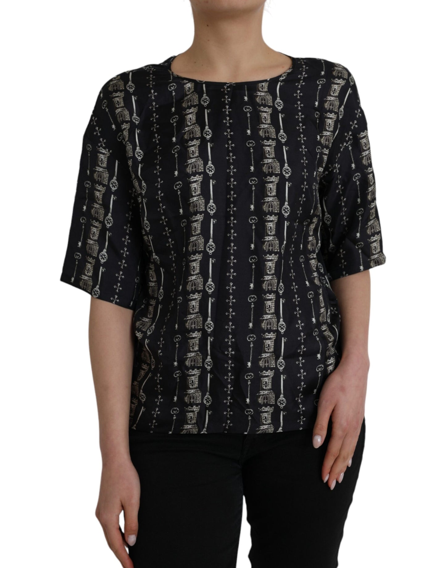 Dolce & Gabbana Black Key Castle Print Silk Blouse T-shirt Dolce & Gabbana