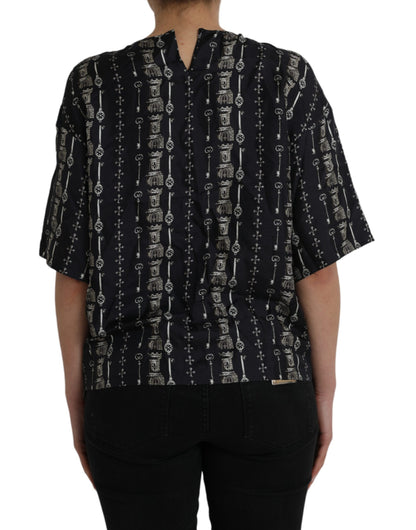 Dolce & Gabbana Black Key Castle Print Silk Blouse T-shirt Dolce & Gabbana