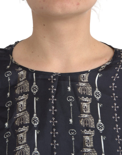 Dolce & Gabbana Black Key Castle Print Silk Blouse T-shirt Dolce & Gabbana