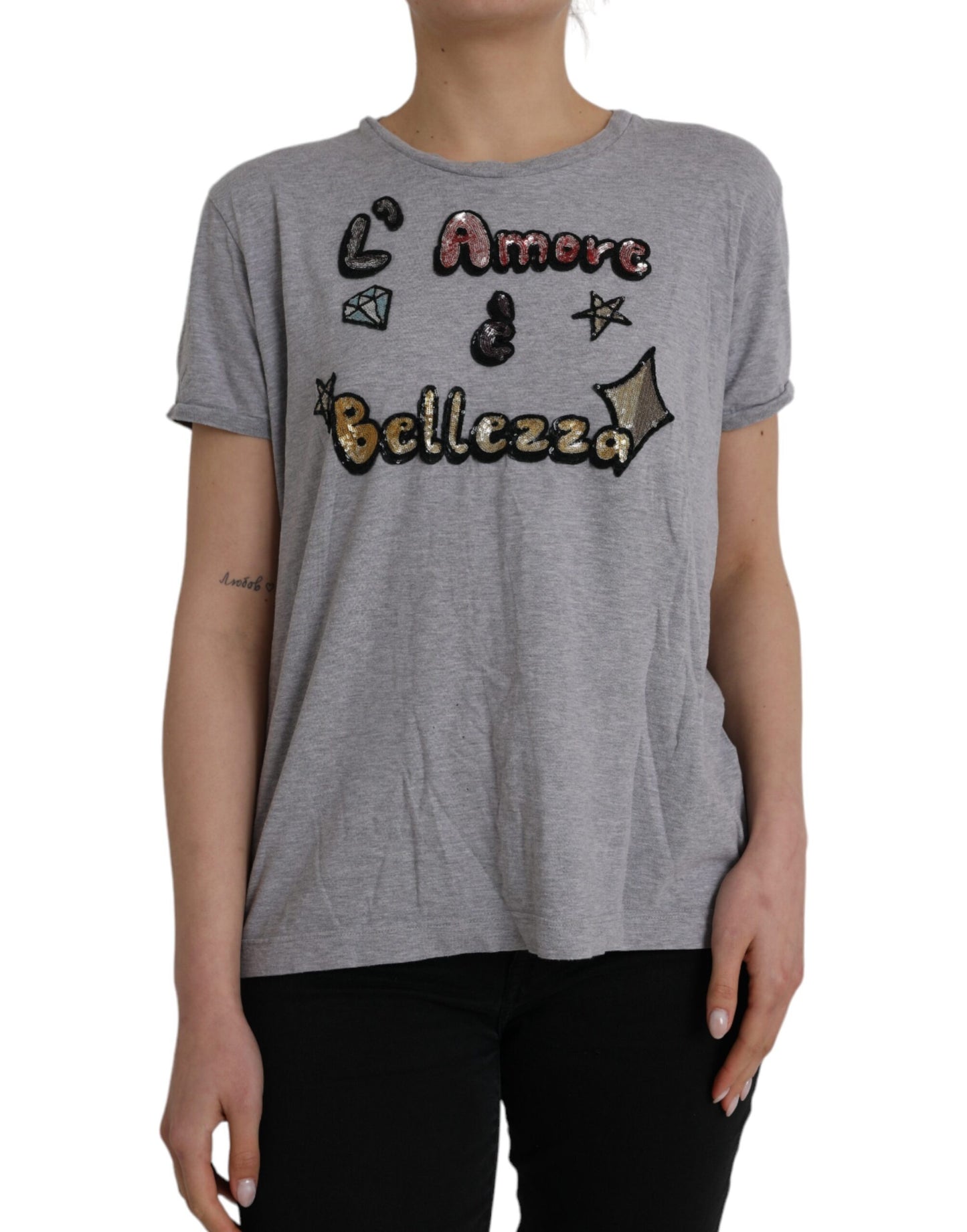 Dolce & Gabbana Gray Cotton L'Amore E'Bellezza Top T-shirt Dolce & Gabbana