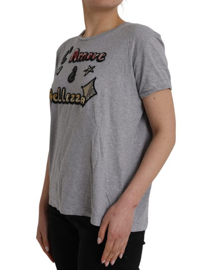 Dolce & Gabbana Gray Cotton L'Amore E'Bellezza Top T-shirt Dolce & Gabbana