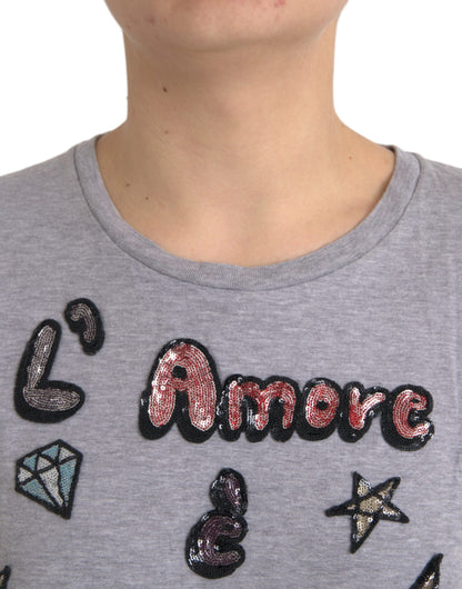 Dolce & Gabbana Gray Cotton L'Amore E'Bellezza Top T-shirt Dolce & Gabbana