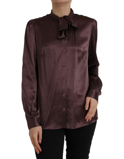 Dolce & Gabbana Brown Ascot Collar Long Sleeve Top Blouse Dolce & Gabbana