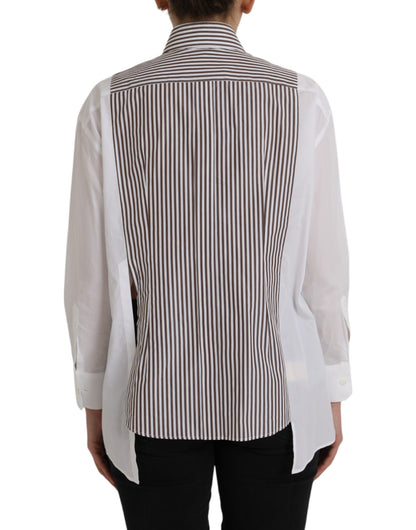 Dolce & Gabbana White Stripes Cotton Long Sleeves Ruffle Collar Top Dolce & Gabbana