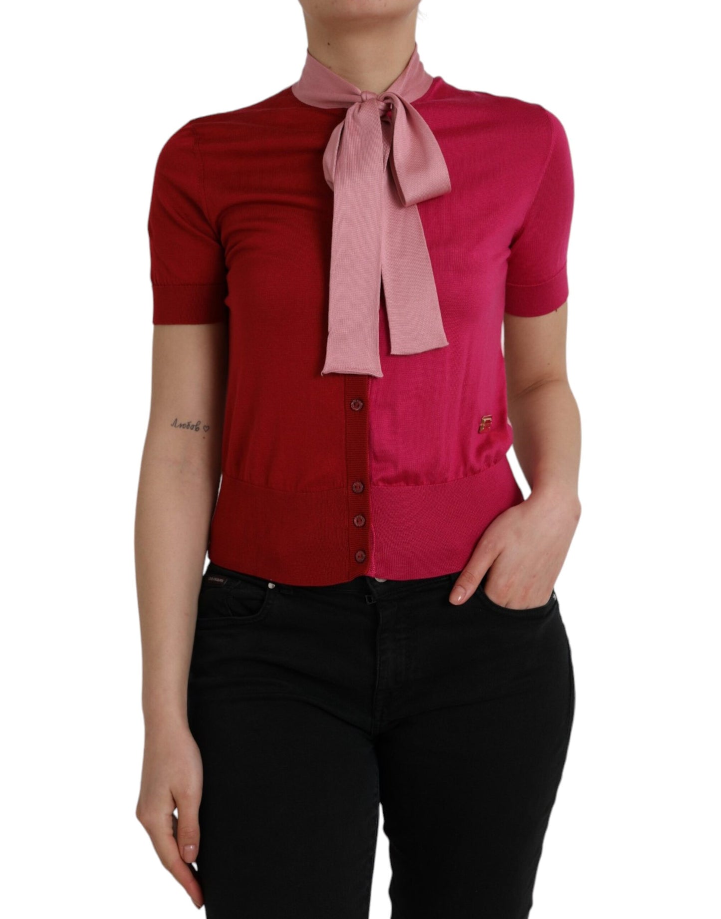 Dolce & Gabbana Pink Short Sleeves Pullover Ascot Collar Top Dolce & Gabbana