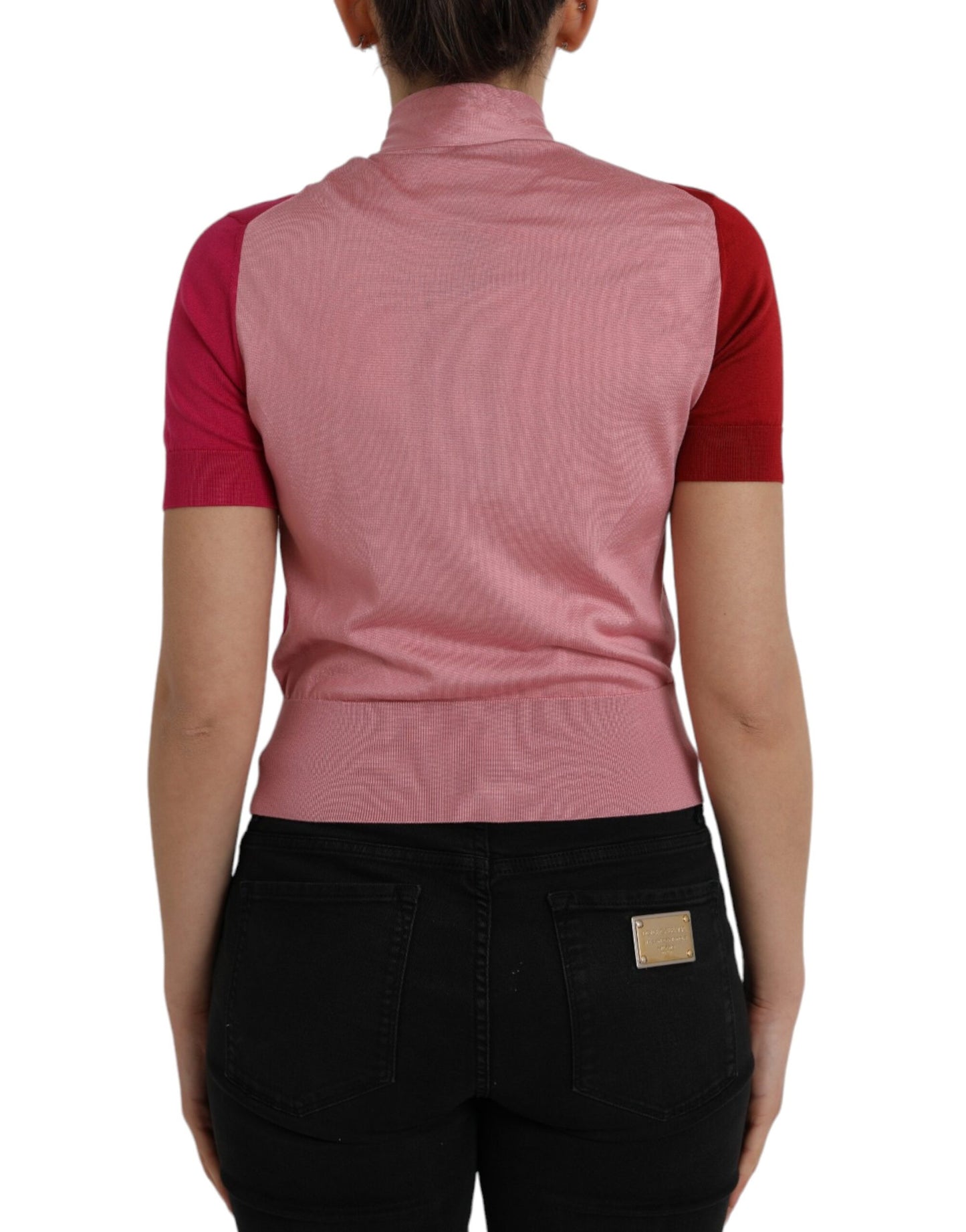 Dolce & Gabbana Pink Short Sleeves Pullover Ascot Collar Top Dolce & Gabbana