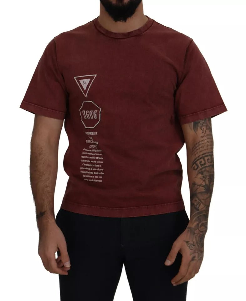 Dolce & Gabbana Maroon Printed Crewneck Tee Cotton T-shirt Dolce & Gabbana