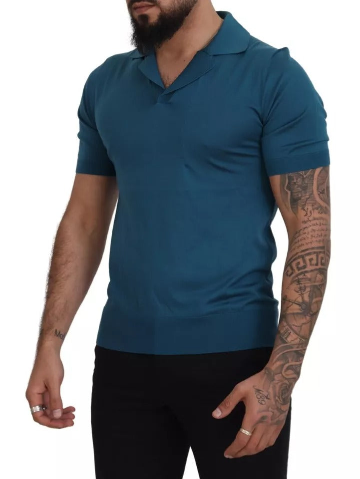 Dolce & Gabbana Blue Collared Short Sleeves Silk T-shirt Dolce & Gabbana