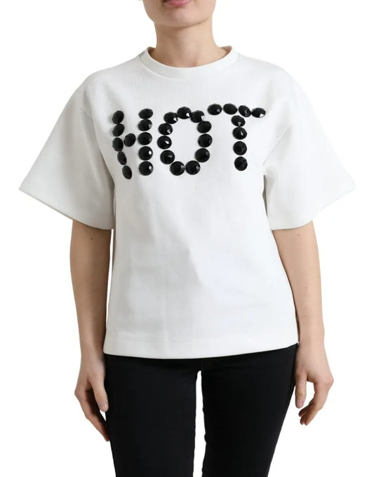 Dolce & Gabbana White Cotton Stretch Black HOT Crystal T-shirt Dolce & Gabbana