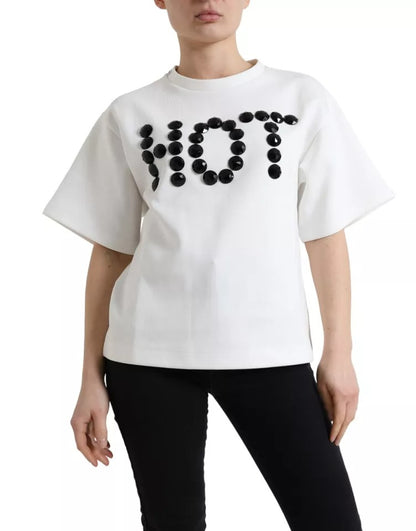 Dolce & Gabbana White Cotton Stretch Black HOT Crystal T-shirt Dolce & Gabbana