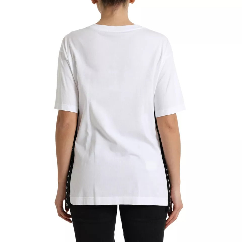 Dolce & Gabbana White Slogan Print Lacing Detailed T-shirt Dolce & Gabbana