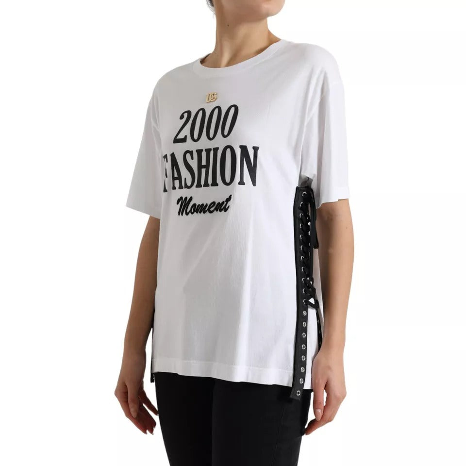 Dolce & Gabbana White Slogan Print Lacing Detailed T-shirt Dolce & Gabbana