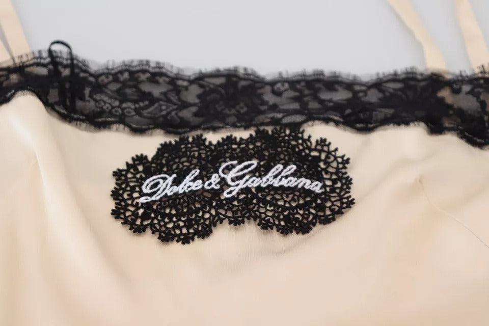 Dolce & Gabbana Beige Lace Spaghetti Logo Embroidery Top Dolce & Gabbana