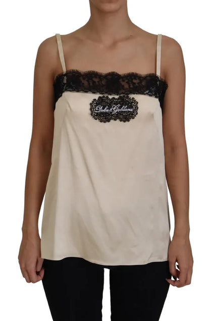 Dolce & Gabbana Beige Lace Spaghetti Logo Embroidery Top Dolce & Gabbana