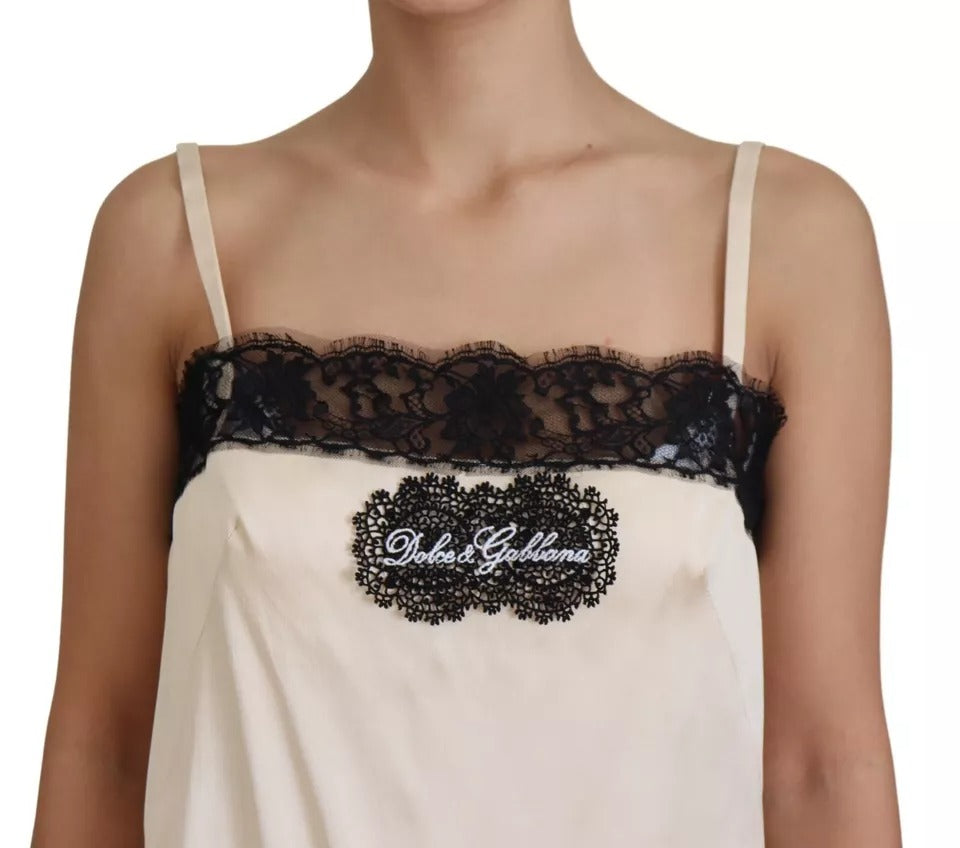 Dolce & Gabbana Beige Lace Spaghetti Logo Embroidery Top Dolce & Gabbana