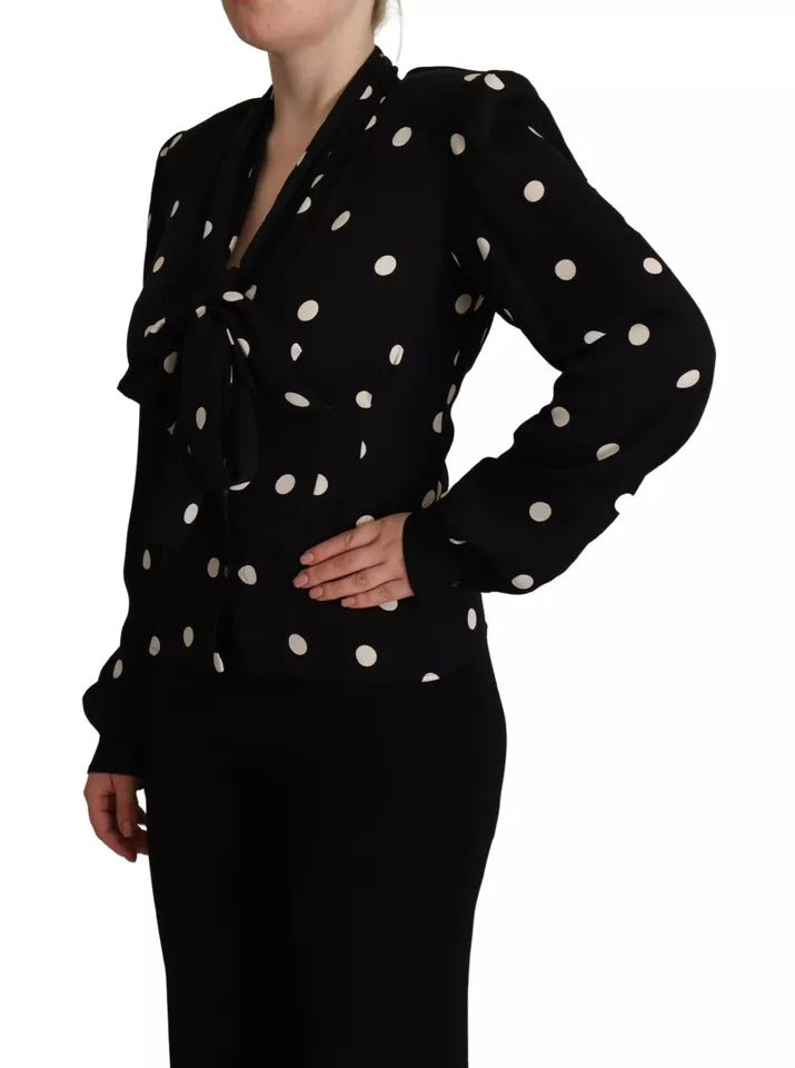 Dolce & Gabbana Black Polka Dots Silk Pussy Bow Long Sleeves Top Dolce & Gabbana