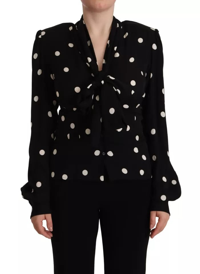 Dolce & Gabbana Black Polka Dots Silk Pussy Bow Long Sleeves Top Dolce & Gabbana