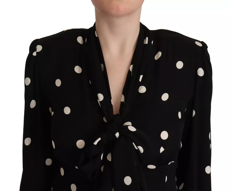 Dolce & Gabbana Black Polka Dots Silk Pussy Bow Long Sleeves Top Dolce & Gabbana