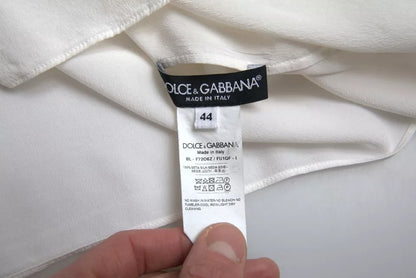 Dolce & Gabbana White Floral Silk Ascot Collared Top Blouse Dolce & Gabbana