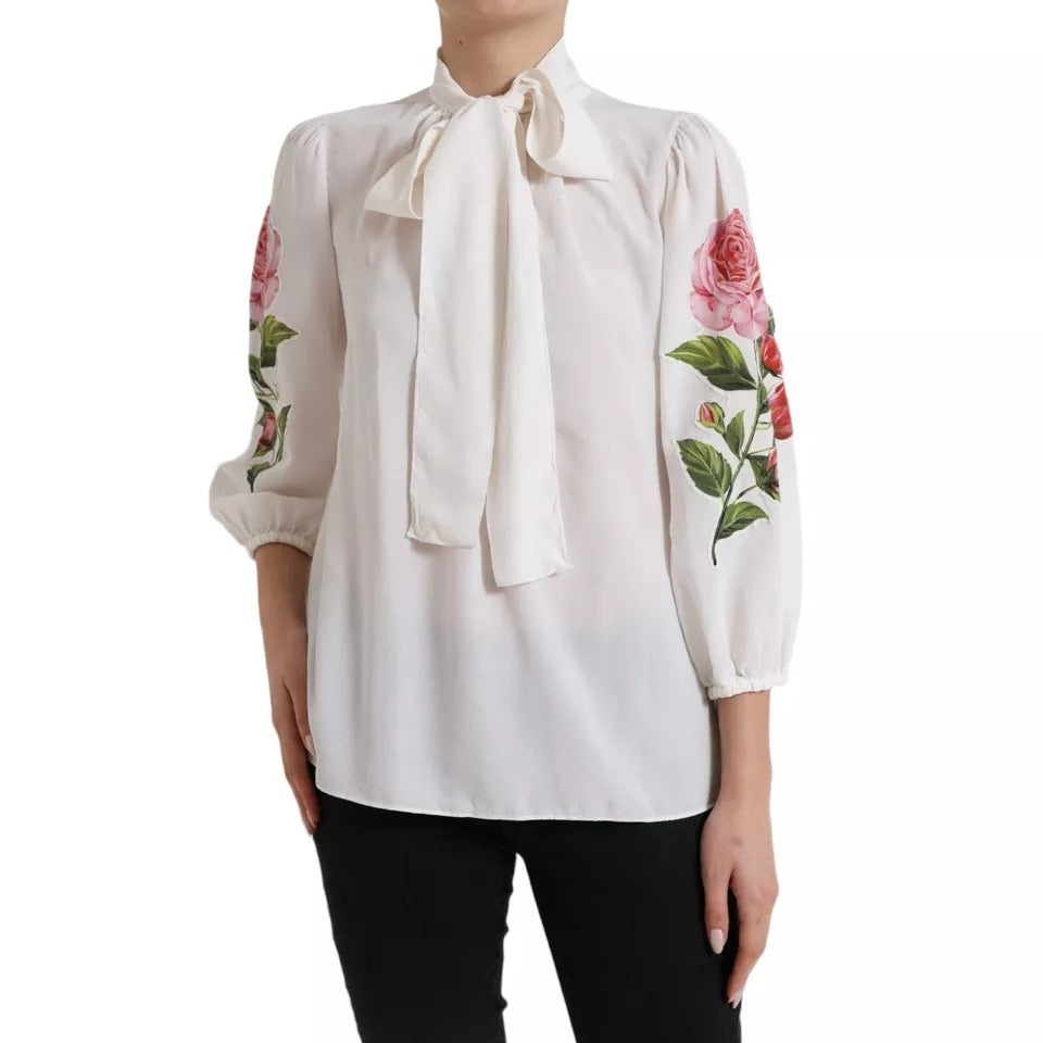 Dolce & Gabbana White Floral Silk Ascot Collared Top Blouse Dolce & Gabbana