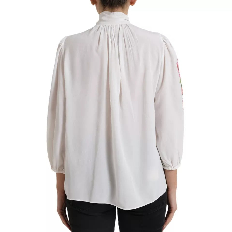 Dolce & Gabbana White Floral Silk Ascot Collared Top Blouse Dolce & Gabbana