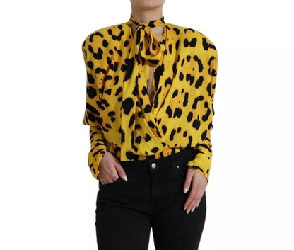 Dolce & Gabbana Yellow Leopard Print Long Sleeves Top Blouse Dolce & Gabbana