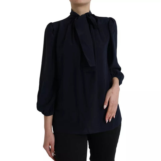 Dolce & Gabbana Blue Long Sleeves Ascot Collar Blouse Top Dolce & Gabbana