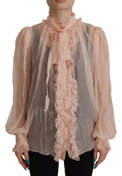 Dolce & Gabbana Light Pink Silk Ascot Collar Long Sleeves Top Dolce & Gabbana