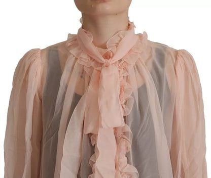 Dolce & Gabbana Light Pink Silk Ascot Collar Long Sleeves Top Dolce & Gabbana