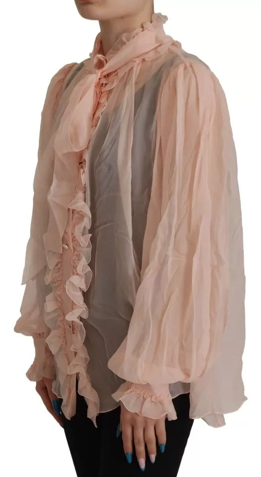 Dolce & Gabbana Light Pink Silk Ascot Collar Long Sleeves Top Dolce & Gabbana