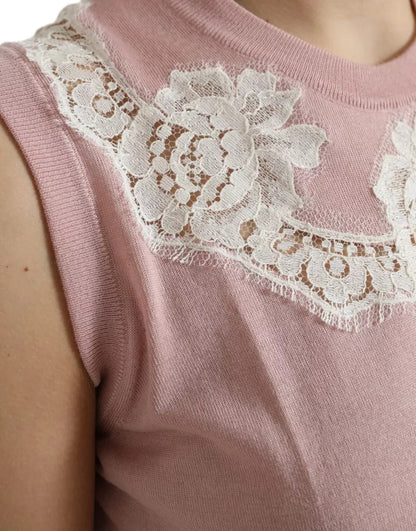 Dolce & Gabbana Pink Cashmere Lace Trim Sleeveless Tank Top Dolce & Gabbana