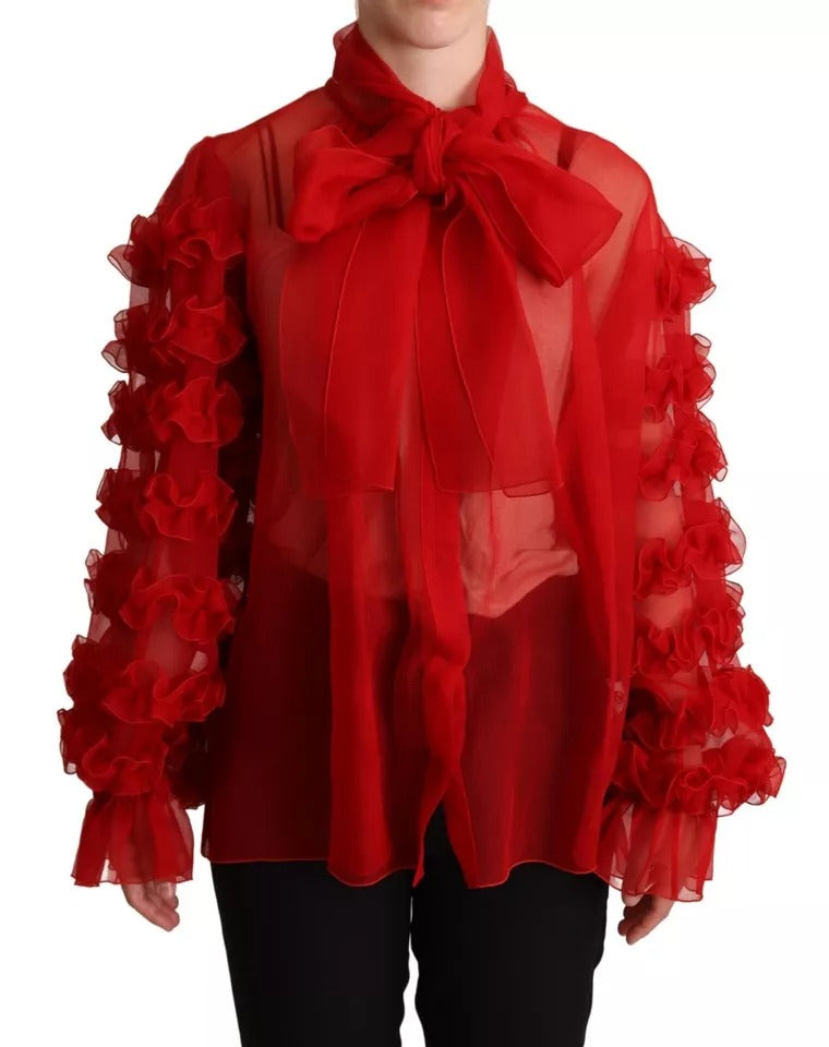 Dolce & Gabbana Red Silk Ascot Collar Ruffles Blouse Top Dolce & Gabbana