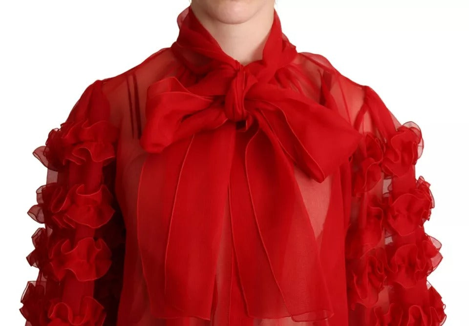 Dolce & Gabbana Red Silk Ascot Collar Ruffles Blouse Top Dolce & Gabbana