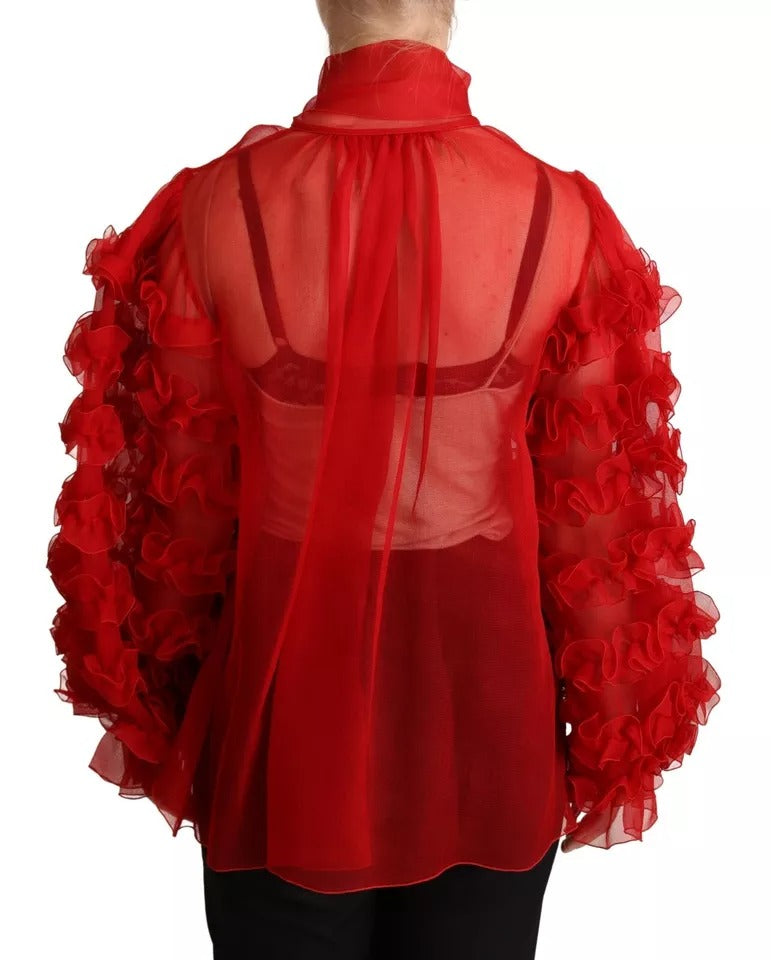 Dolce & Gabbana Red Silk Ascot Collar Ruffles Blouse Top Dolce & Gabbana