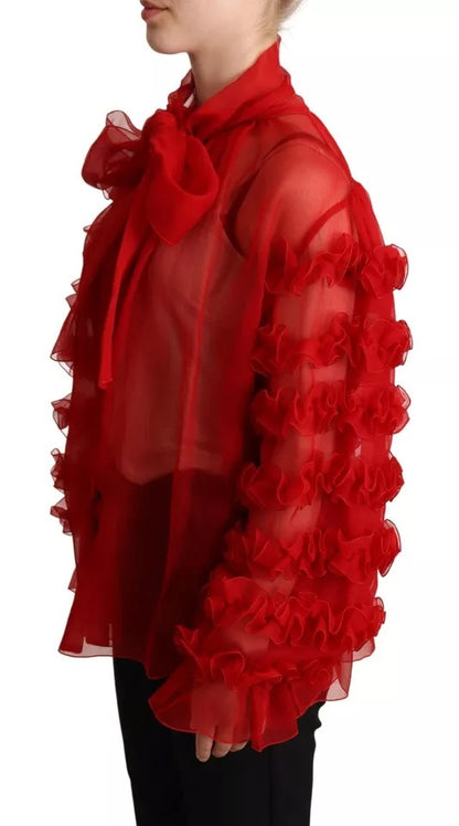 Dolce & Gabbana Red Silk Ascot Collar Ruffles Blouse Top Dolce & Gabbana