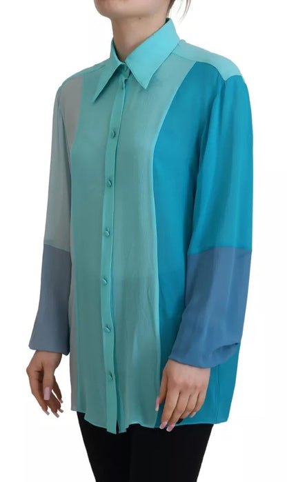 Dolce & Gabbana Blue Collar Long Sleeve Blouse Silk Top Dolce & Gabbana