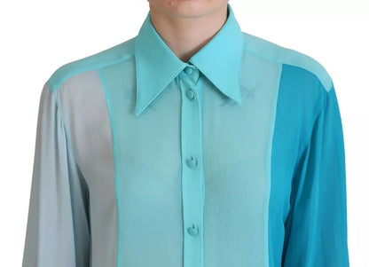 Dolce & Gabbana Blue Collar Long Sleeve Blouse Silk Top Dolce & Gabbana