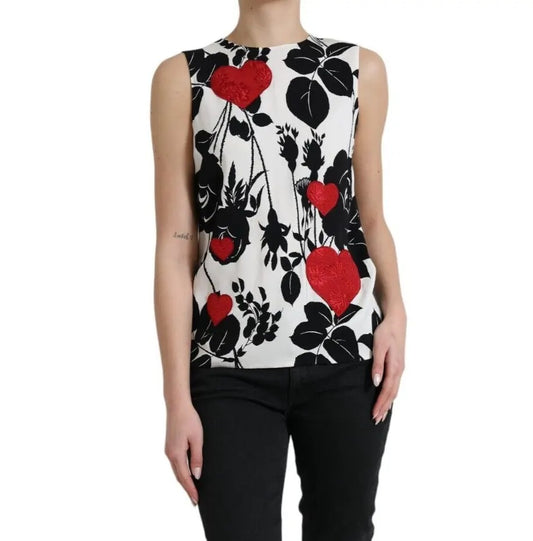 Dolce & Gabbana White Rose Print Heart Embroidered Tank Top Dolce & Gabbana