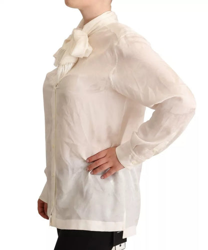 Dolce & Gabbana White Blouse Ascot Collar Shirt Silk Button Top Dolce & Gabbana