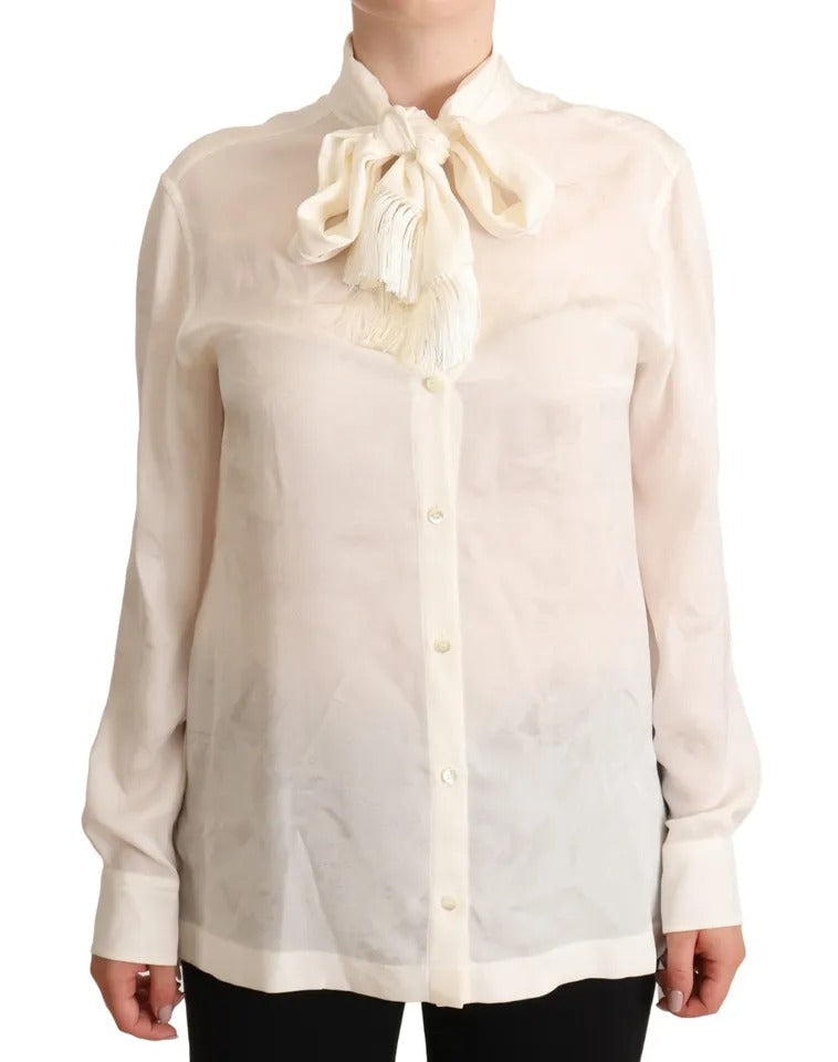 Dolce & Gabbana White Blouse Ascot Collar Shirt Silk Button Top Dolce & Gabbana