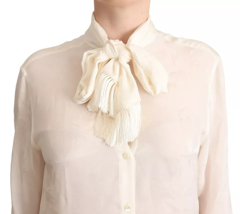 Dolce & Gabbana White Blouse Ascot Collar Shirt Silk Button Top Dolce & Gabbana